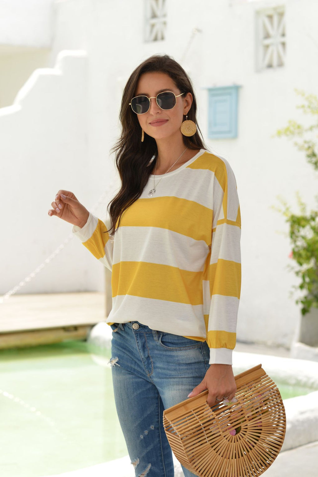 New Long Sleeved T Shirt For Women European And American Style Dusi Casual Horizontal Stripe Simple Round Neck T Shirt For Women Trendy