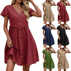 Button Butterfly Sleeve Cotton Linen With Pocket Beach Dress