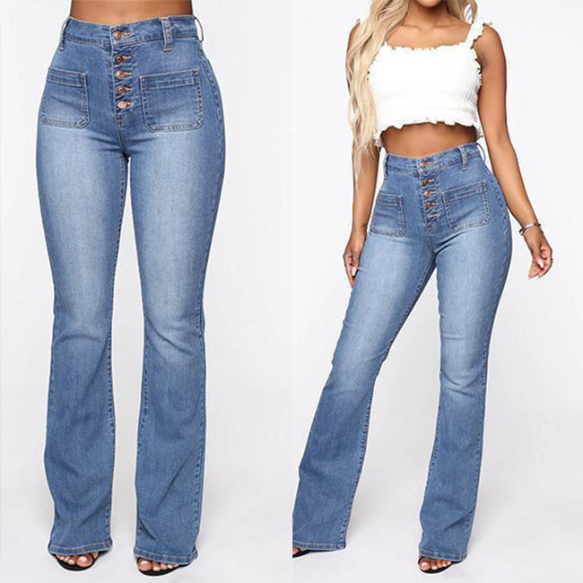 Plus Size Jeans Women Patch Pocket Washed Ladies High Waist Denim Trousers Main Image