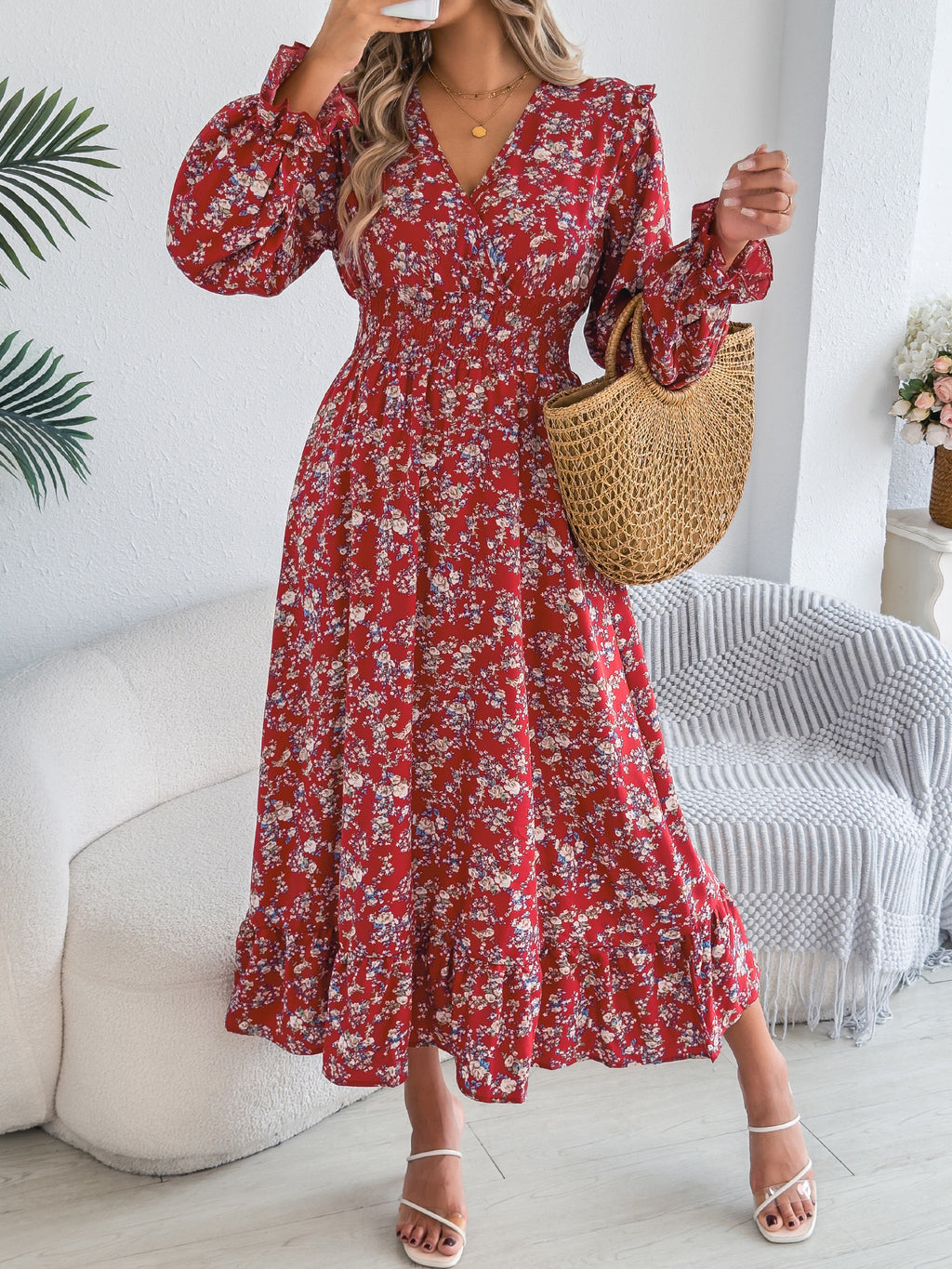 Women's Elegant Floral Cross V-Neck Waist-Defined Hem Ruffle Maxi Dress