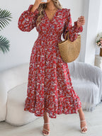 Women's Elegant Floral Cross V-Neck Waist-Defined Hem Ruffle Maxi Dress
