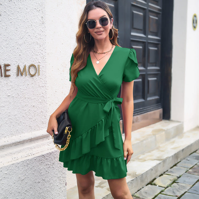 Ruffled Skirt Petal Sleeve V-neck Dress Women Main Image