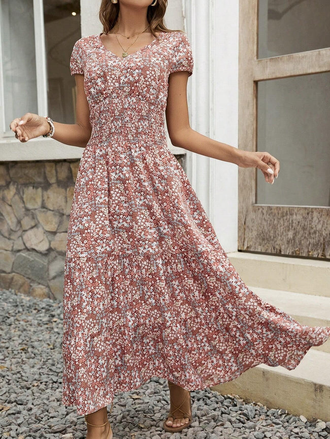 Blossom Chic V-Neck Floral Dress For Women - Soft, Breathable Polyester, Machine Washable, Easy Care, Perfect For Spring, Summer, And Fall Occasions, Everyday Wear, And Outdoor Activities Hover Image