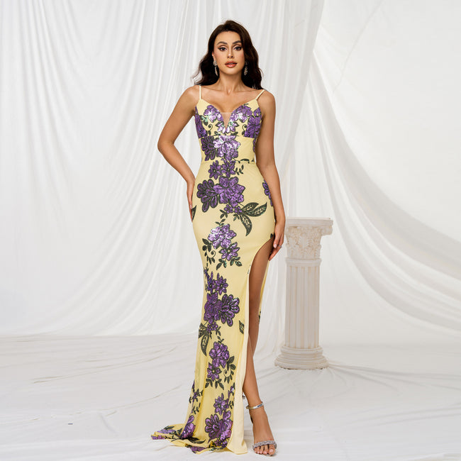 V-neck Brace Slim-fit Sheath Sequined Slit Evening Dress Hover Image