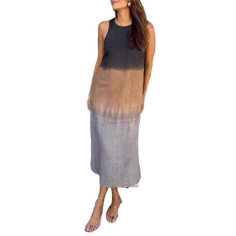 Summer Fashion Round Neck Sleeveless Color Matching Tencel Dress