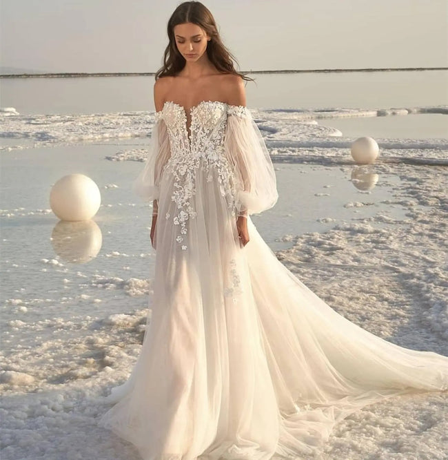 Women's Puff Sleeve Beach Wedding Dress Main Image