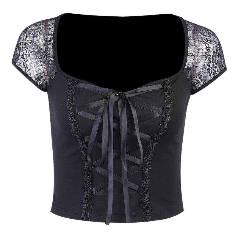Lace stitching sexy strappy t-shirt women