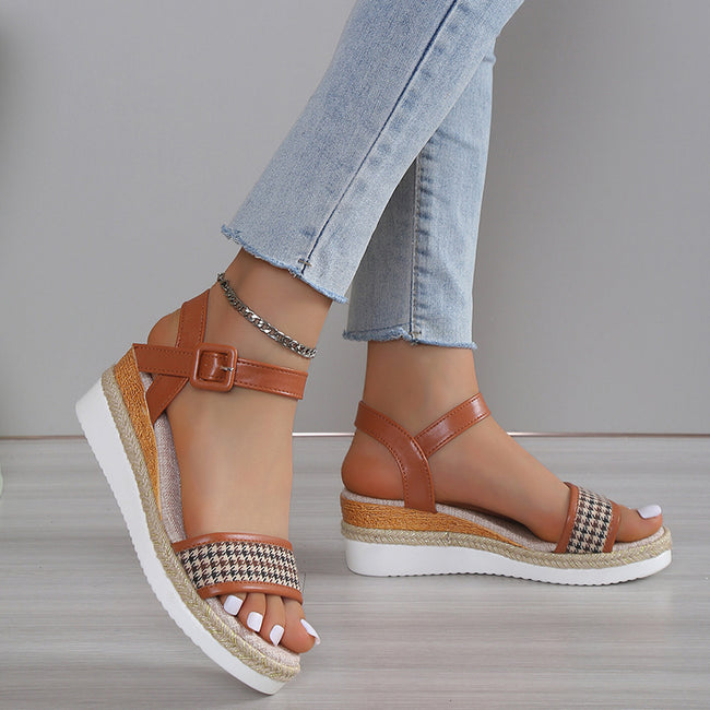 Houndstooth Print Sandals Women Summer Buckle Dress Shoes Main Image