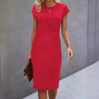 Women's Casual Tight Front Knot Round Neck Mid-length Dress