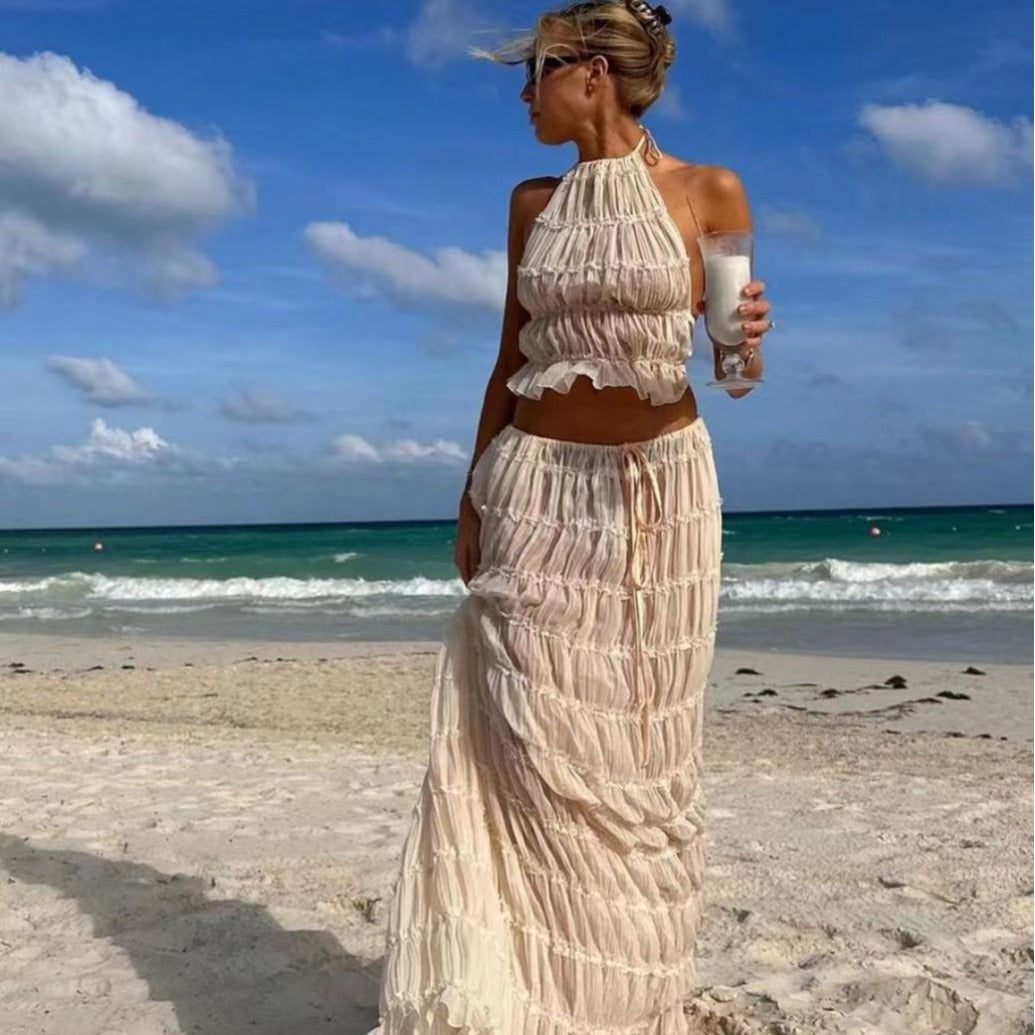 Backless Halter Lace-up Pleated Dress Lace Vest Suit