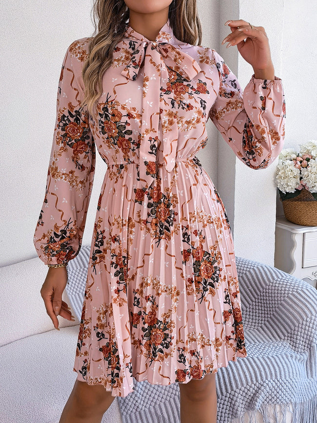 Women's Elegant Floral Tie-Waist Long Sleeve Pleated Maxi Dress Hover Image