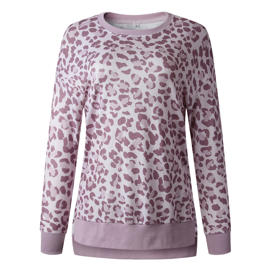 Leopard print round neck irregular long-sleeved blouse