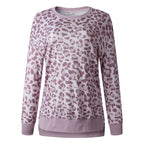 Leopard print round neck irregular long-sleeved blouse