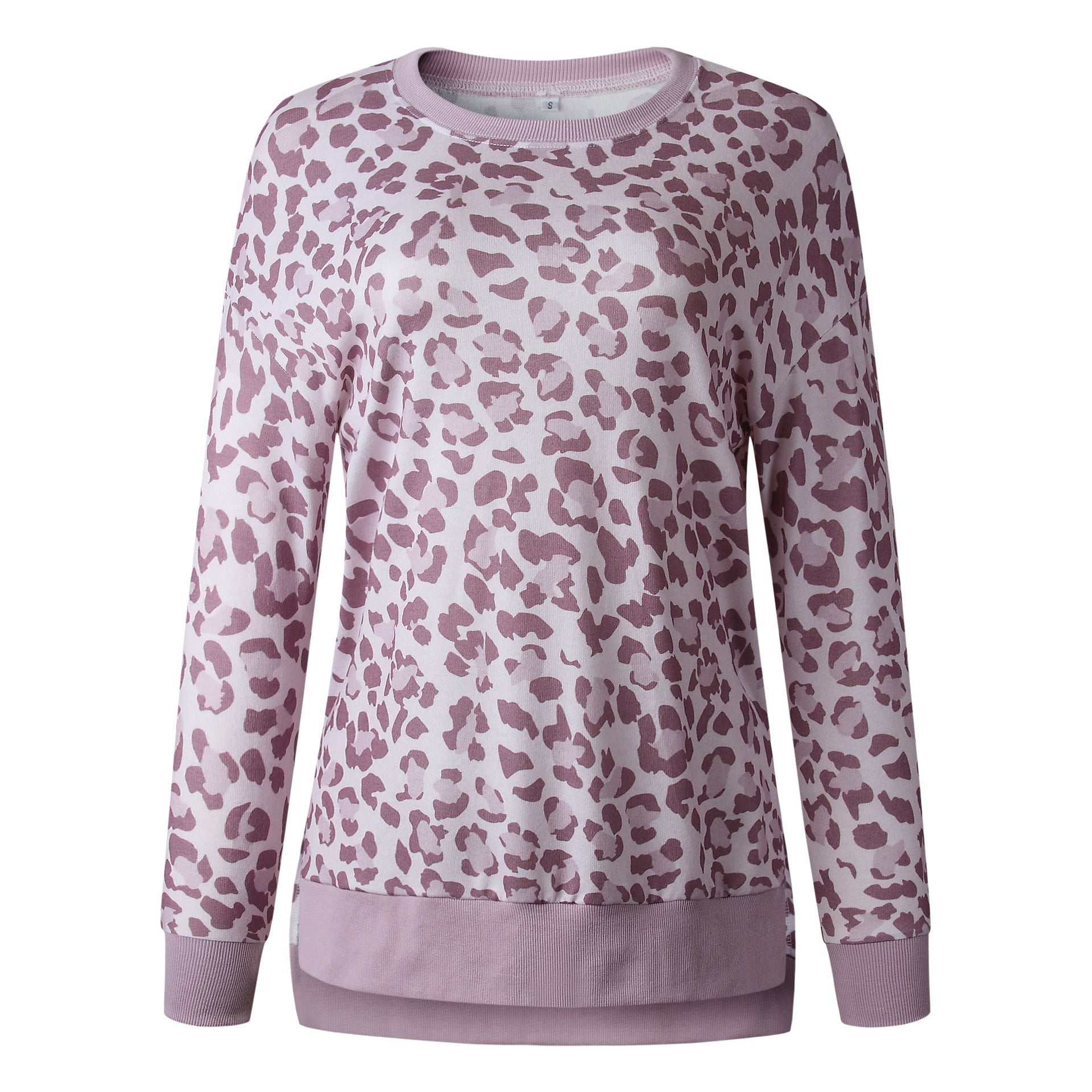 Leopard print round neck irregular long-sleeved blouse