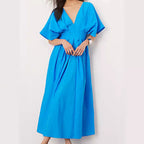 Blue V-neck Pleated Dress Bell Sleeve Dress French Style