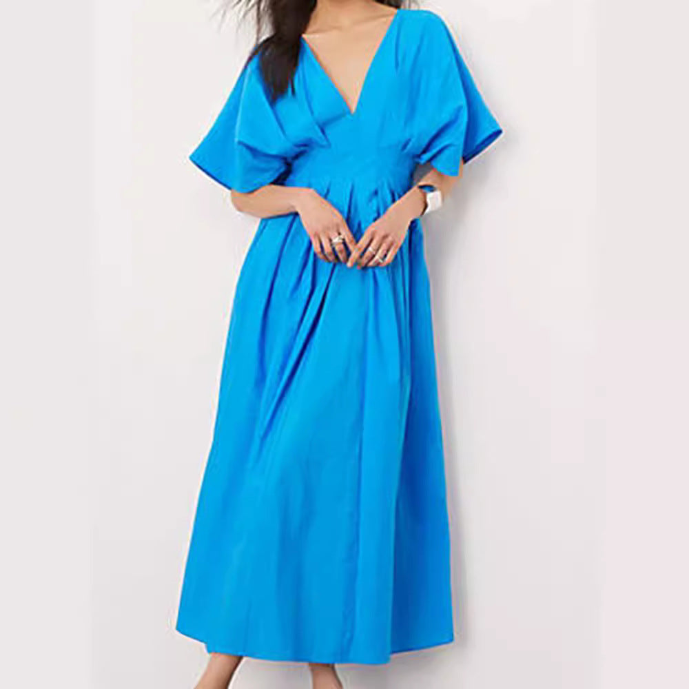 Blue V-neck Pleated Dress Bell Sleeve Dress French Style