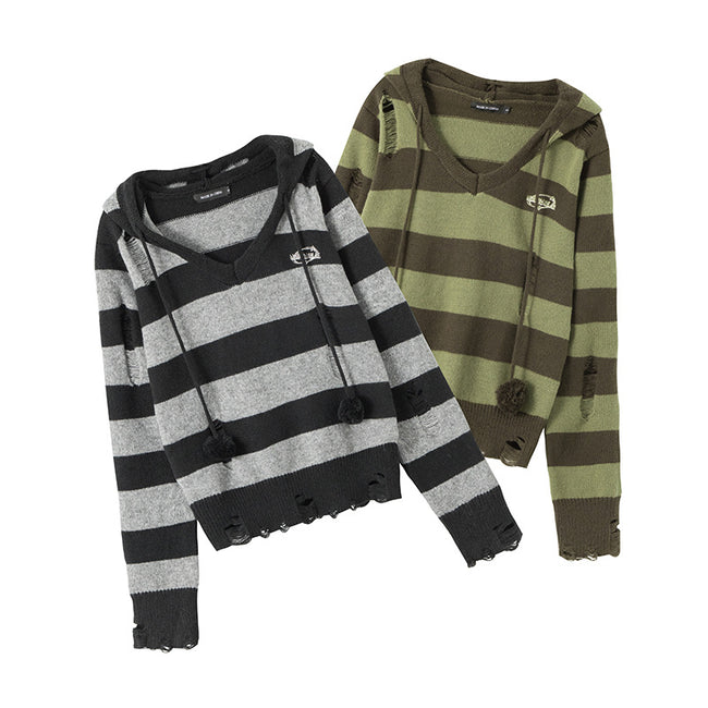 Autumn Hooded Sweater Women Contrast Stripe Thin Main Image