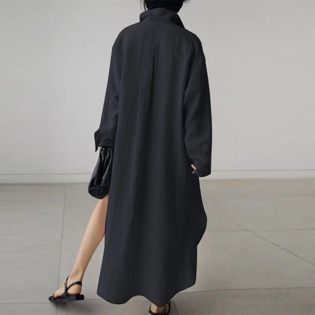 Women's Slit Shirt Dress Solid Color Long-sleeved Cardigan Irregular Long Dress Main Image