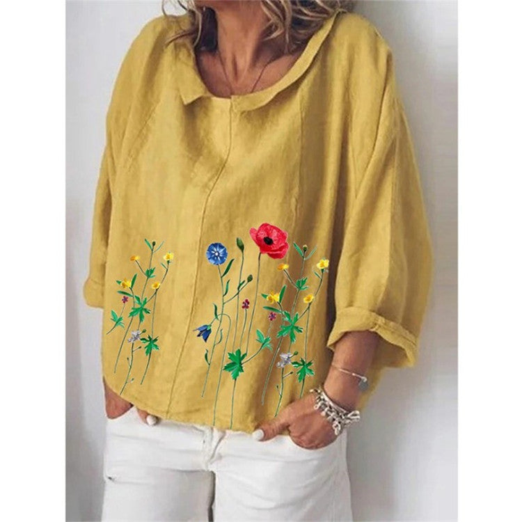 Linen loose Lapel long sleeve shirt for women