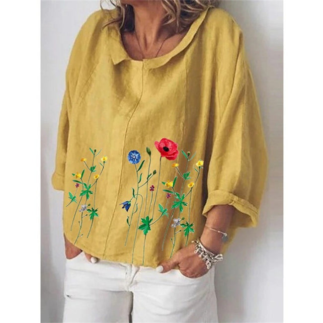 Linen loose Lapel long sleeve shirt for women Main Image