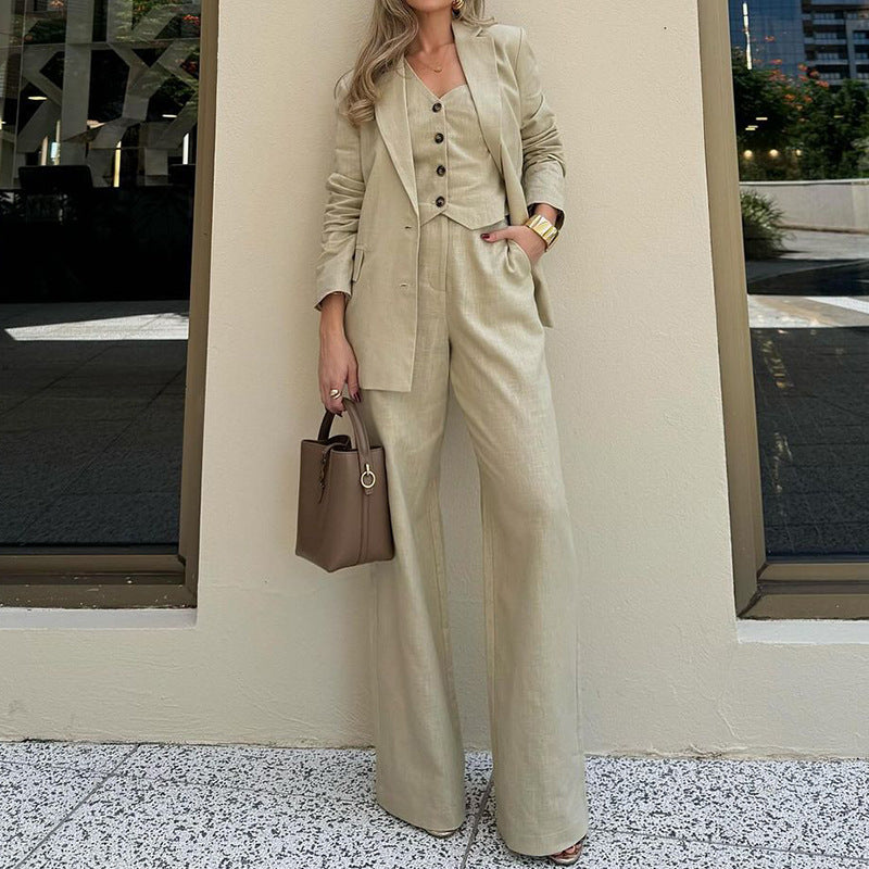Fashionable Chic Solid-Colored Blazer Vest Wide-Leg Pants Three-Piece Suit Set
