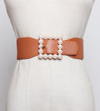 Pearl buckle black wide waist women