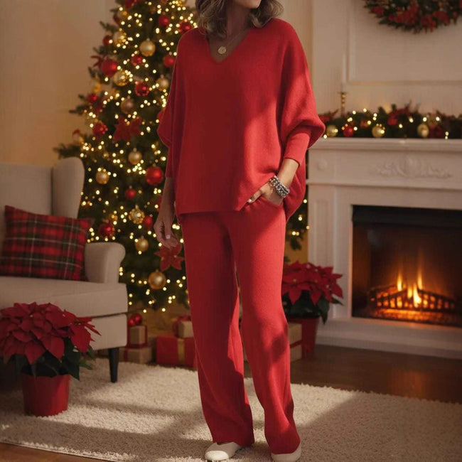 V-neck Long-sleeved Top Knitted Home Pants Suit 2-piece Set Main Image