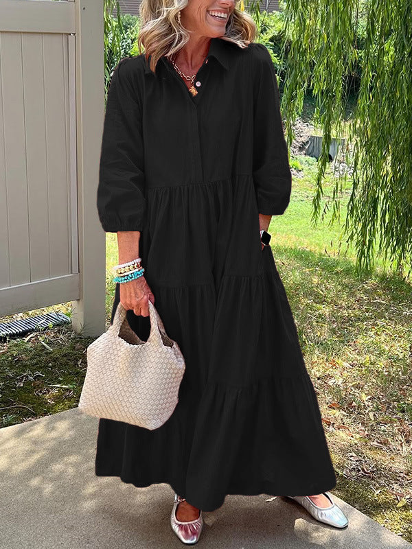 Casual Loose Lapels Mid-sleeve Large Swing Dress