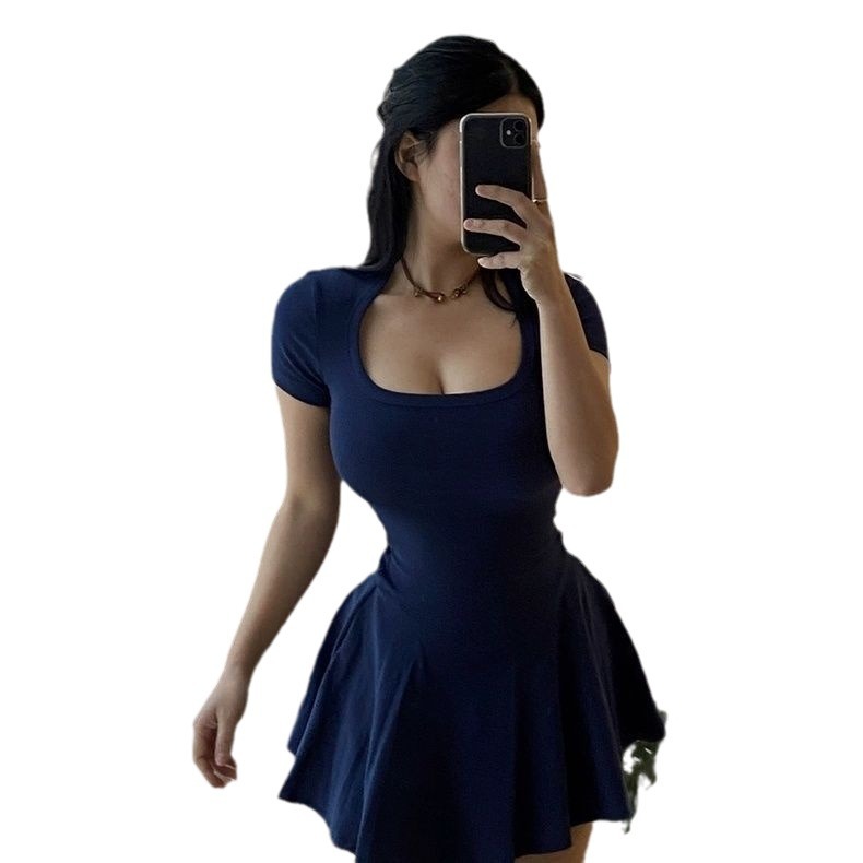 Pure Desire Wind Square Collar Short Sleeve Temperament Pure Color Dress