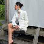 Turtleneck V-neck Long-sleeve Waist-cinching Suit Jacket And Sheath Skirt Two-piece Set