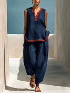 Summer Contrast-Colored Wide-Leg Pants Suit Womens Cotton-Linen Fashionable Two-Piece Set