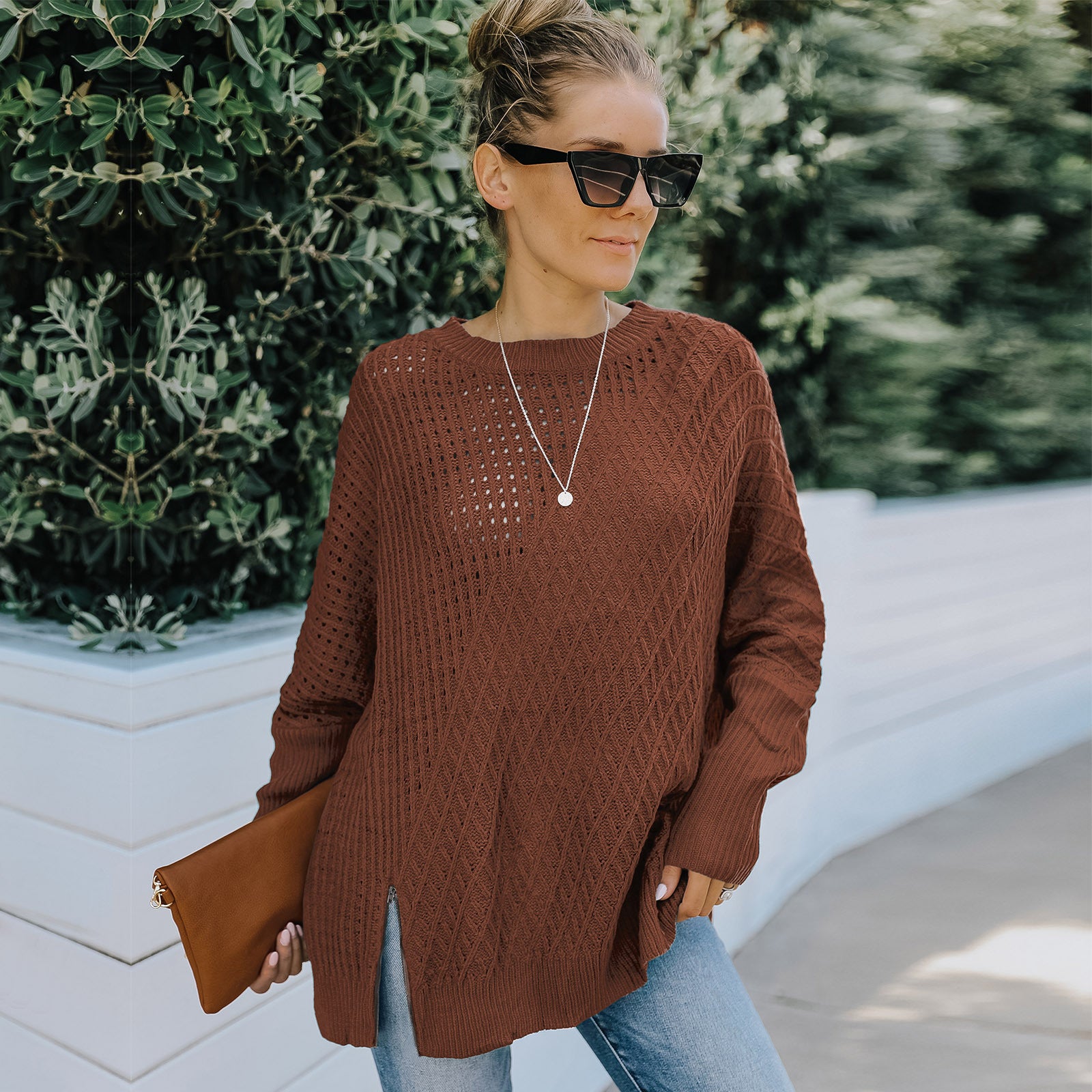 Round Neck Long Sleeve Hollow Knit Sweater Women Loose Sweater Winter