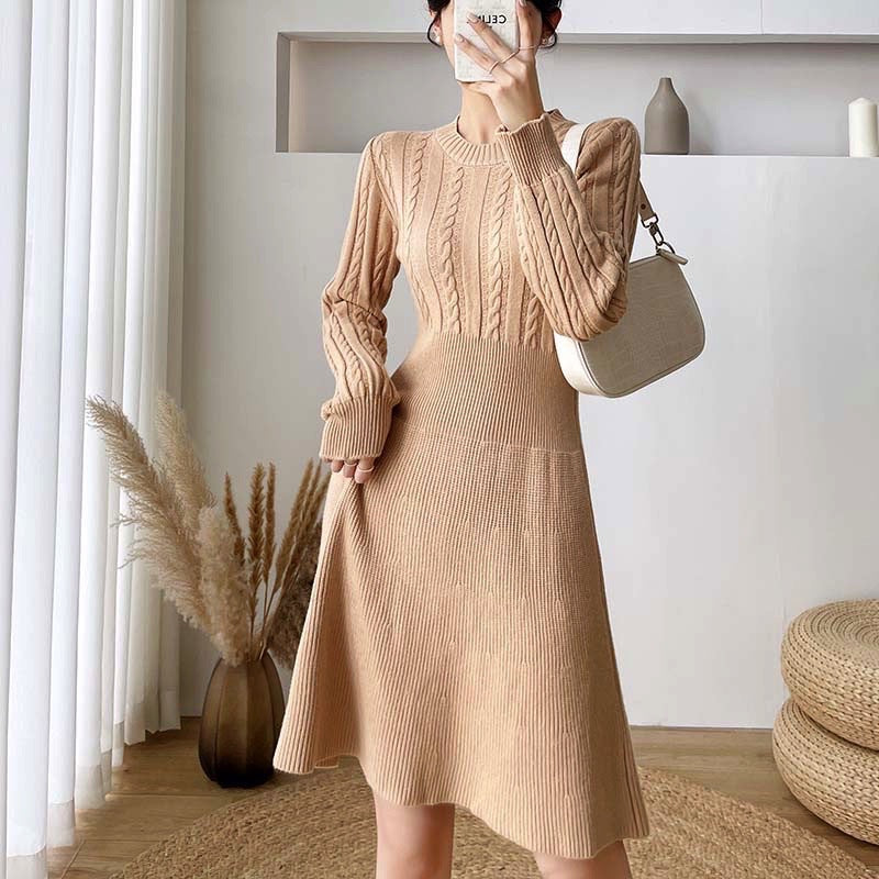 Round Neck Linen Pattern Waist Is Thinner A-line Knit Dress Female