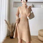 Round Neck Linen Pattern Waist Is Thinner A-line Knit Dress Female