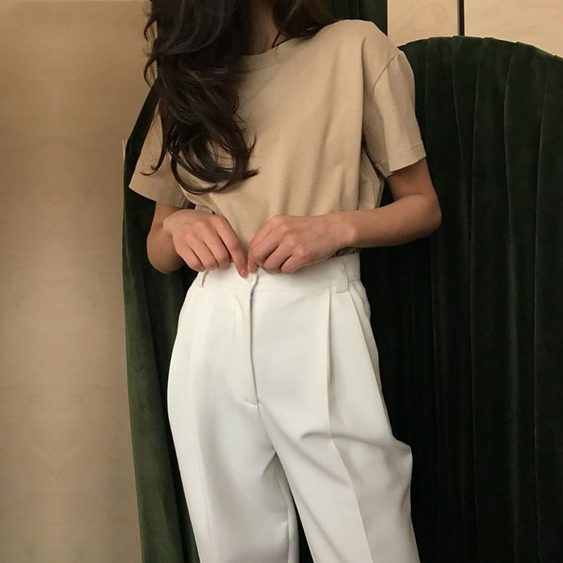 Summer Knitted Basic Solid T-shirt Women Casual Cotto