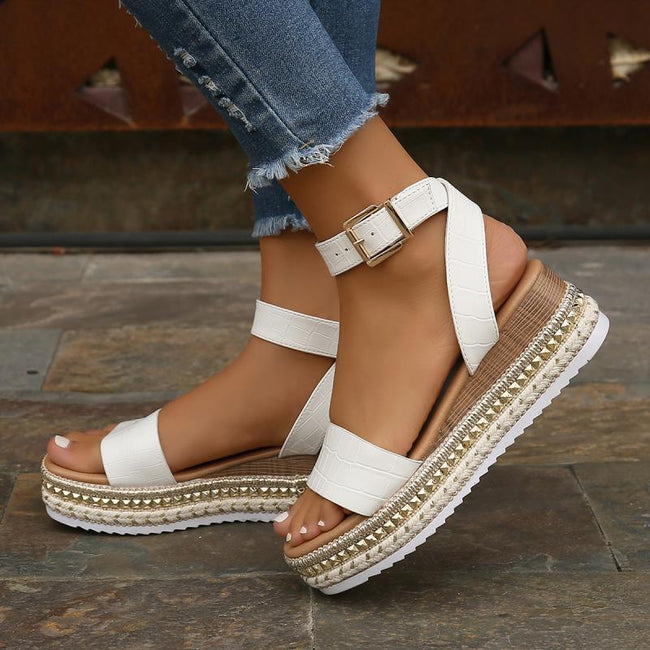 Summer Sandals Buckle Strap Hemp Wedges Platform Peep Toe Shoes Women Hover Image