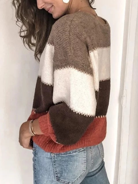 Women Sweater Pullover Round Neck Stripe Long Sleeve Sweater Coat Women Fashion Autumn Knitwear Main Image