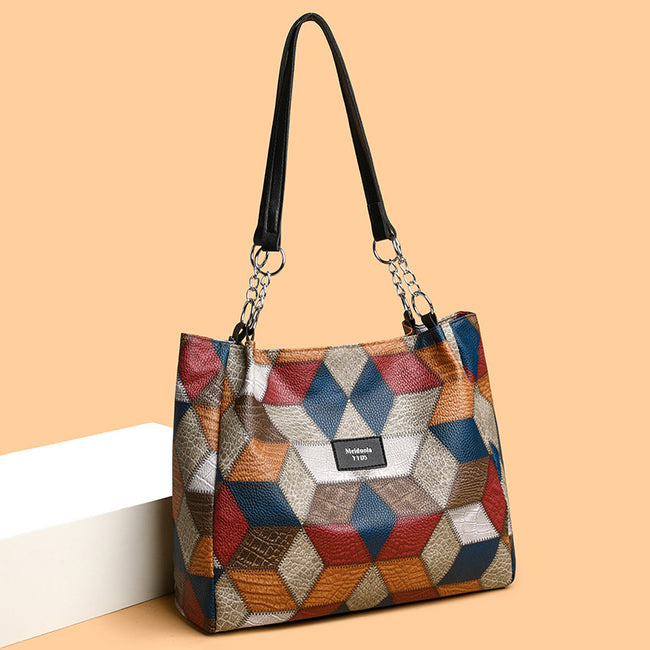 Retro Geometric Pattern Color-matching Shoulder Bag Fashion Large Capacity Stitching Handbag For Women Totes Hover Image
