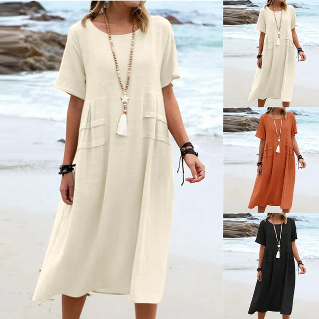 Women's Summer Loose Casual Midi Dress Breathable Cotton Linen Short-sleeve Mid-length Dresses Women Simple Beach Dress Hover Image