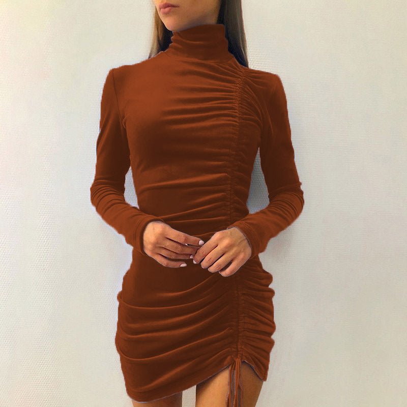 Suede Drawstring High Neck Dress Women