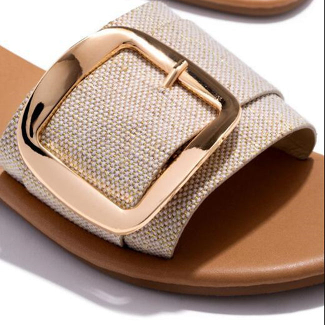 Buckle Slippers Leopard Print Sandals Women Summer Flat Beach Shoes Main Image