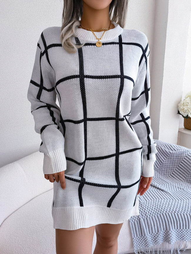 Casual Color Block Plaid Long Sleeve Sweater Dress Hover Image