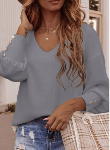 Solid Color Button Long Sleeve V-neck T-shirt Women