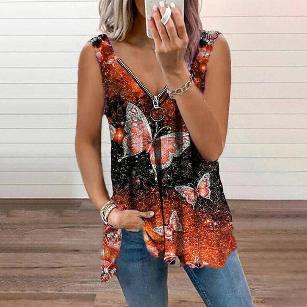 V-neck Zipper Fashion Butterfly Print Loose Vest For Women