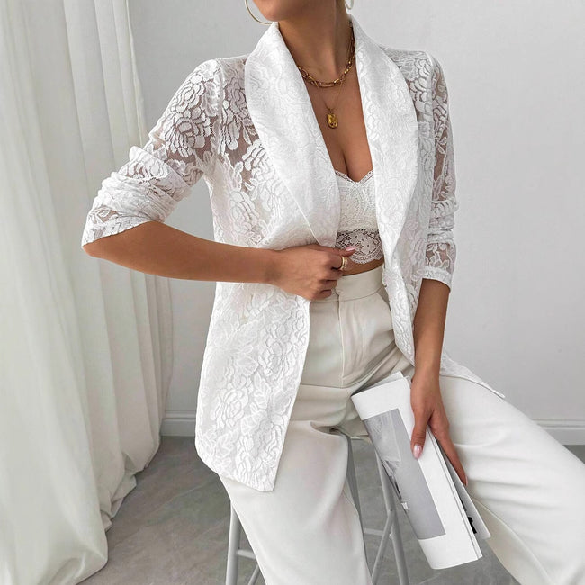 Lace Embroidery White Casual Blazer Women Hover Image
