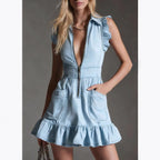 Fashionable Ruffled Sleeveless Denim Dress For Women