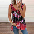 V-neck Zipper Fashion Butterfly Print Loose Vest For Women
