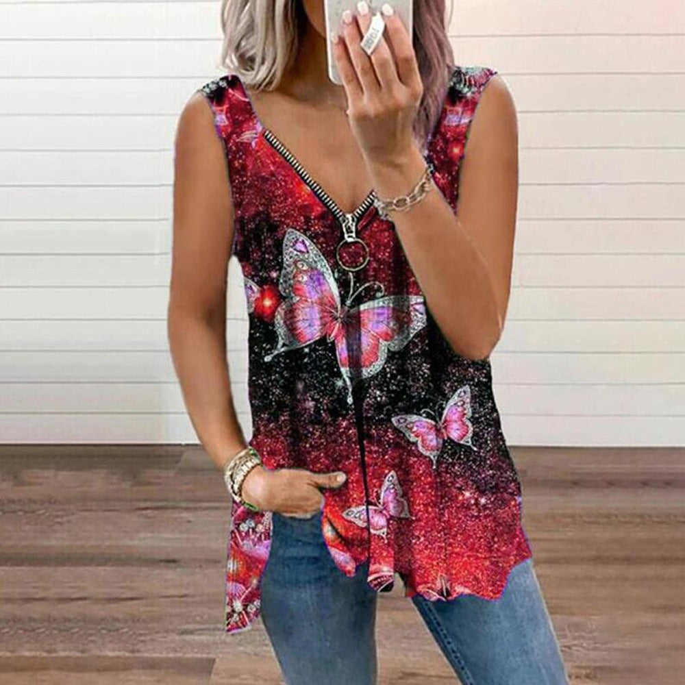 V-neck Zipper Fashion Butterfly Print Loose Vest For Women