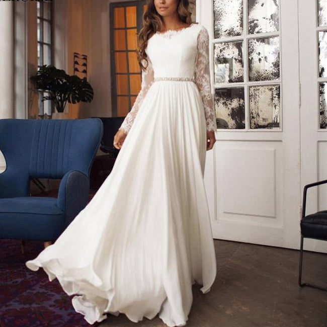 Elegant Graceful Lace Long Sleeve Chiffon Wedding Dress Hover Image