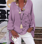 V-neck Printed Slub Shirt Women